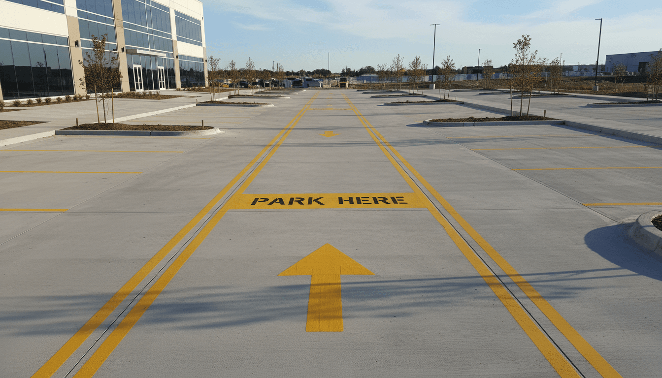 Freshly poured commercial concrete parking lot with yellow stripes