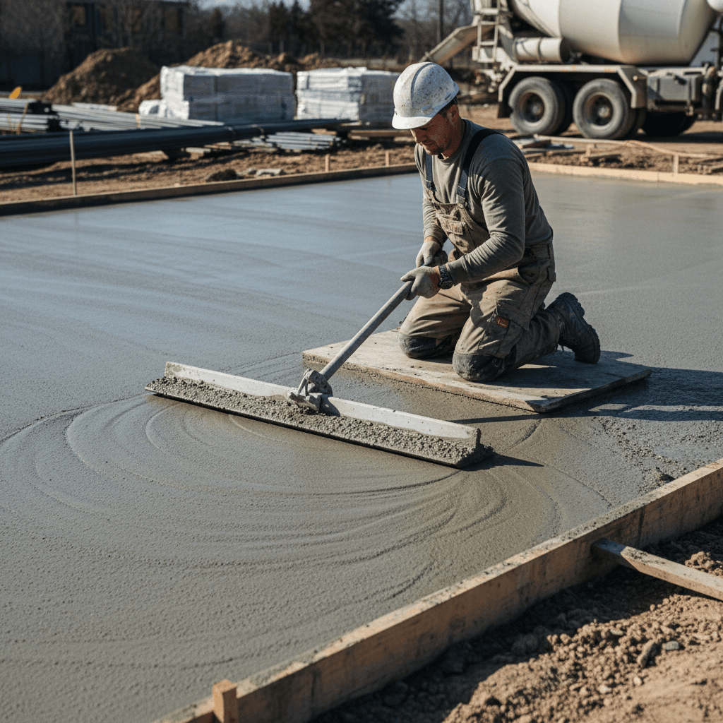 Worker finishing a fresh concrete slab with a trowel