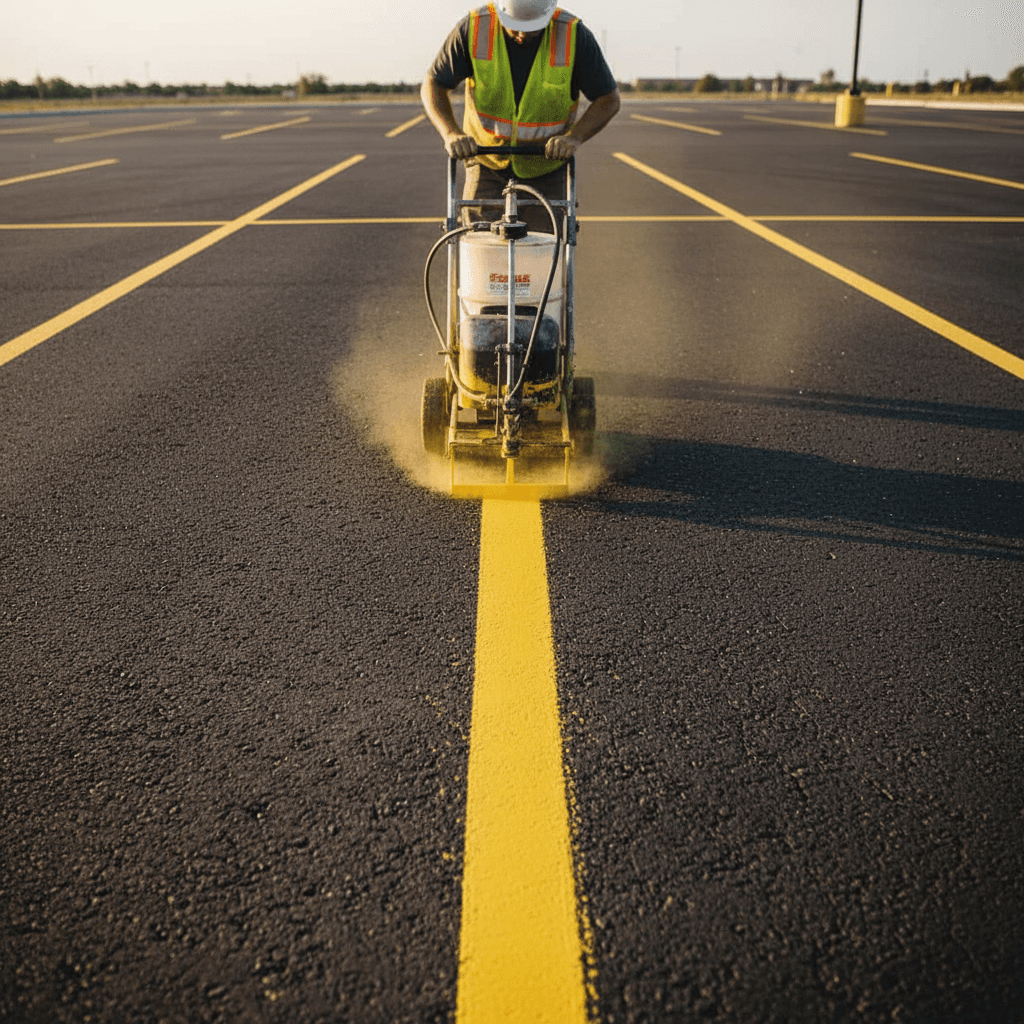 Worker painting yellow parking lot lines with a striping machine