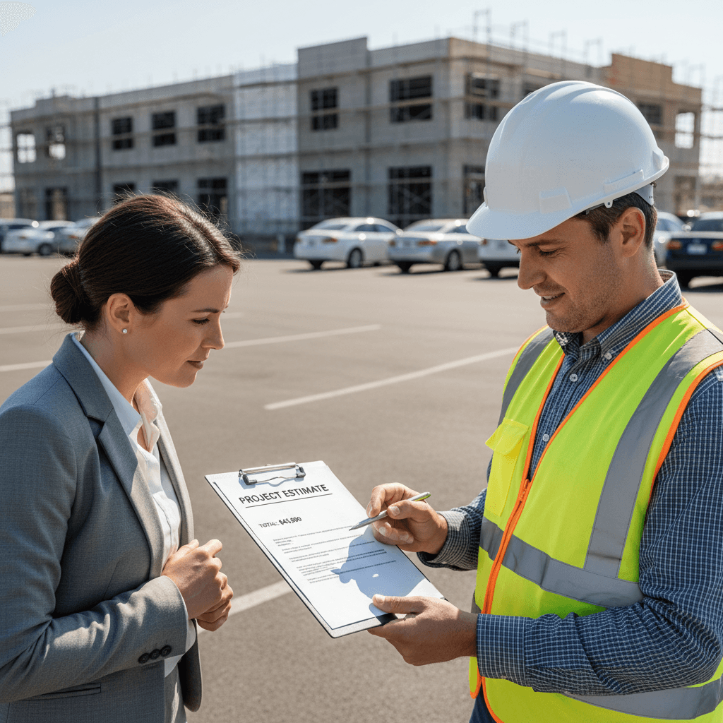 Contractor showing a property owner a quote document on a clipboard