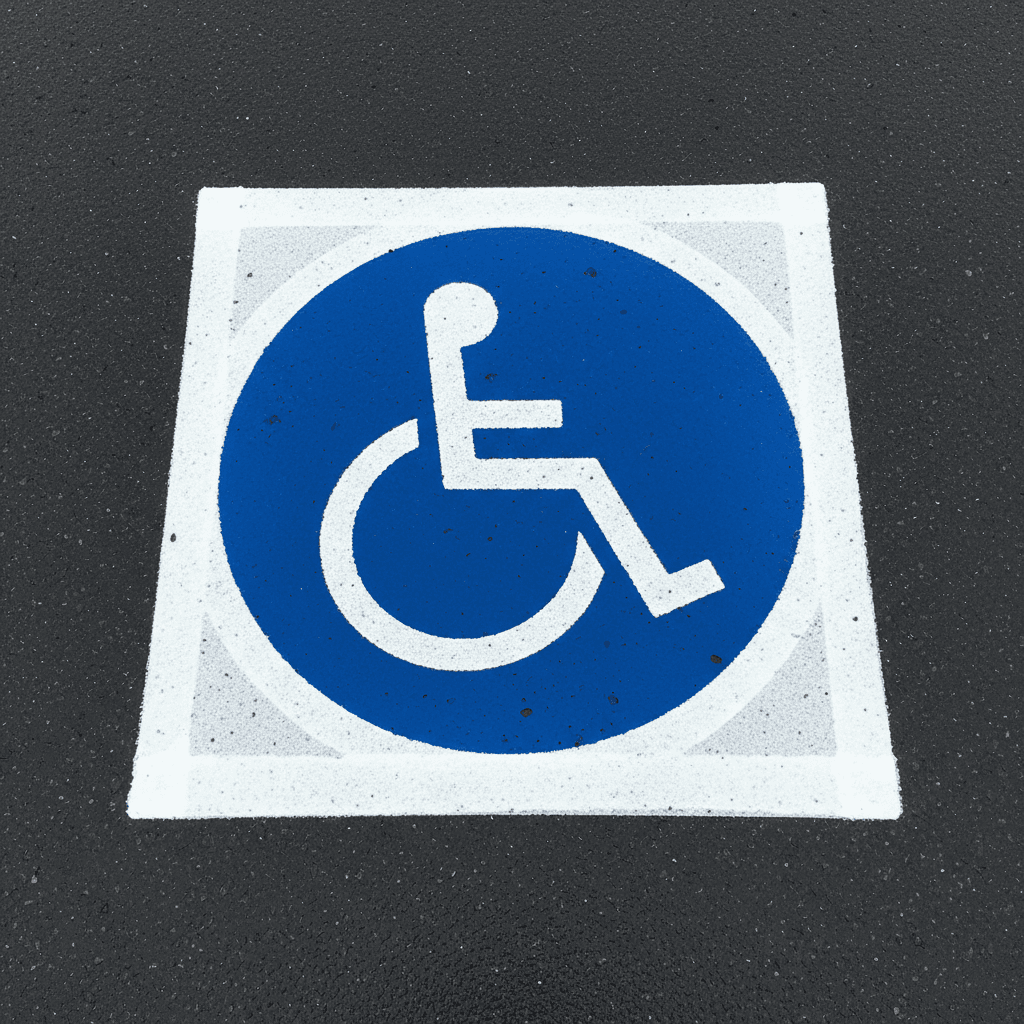 Blue and white handicap symbol painted on an asphalt parking lot